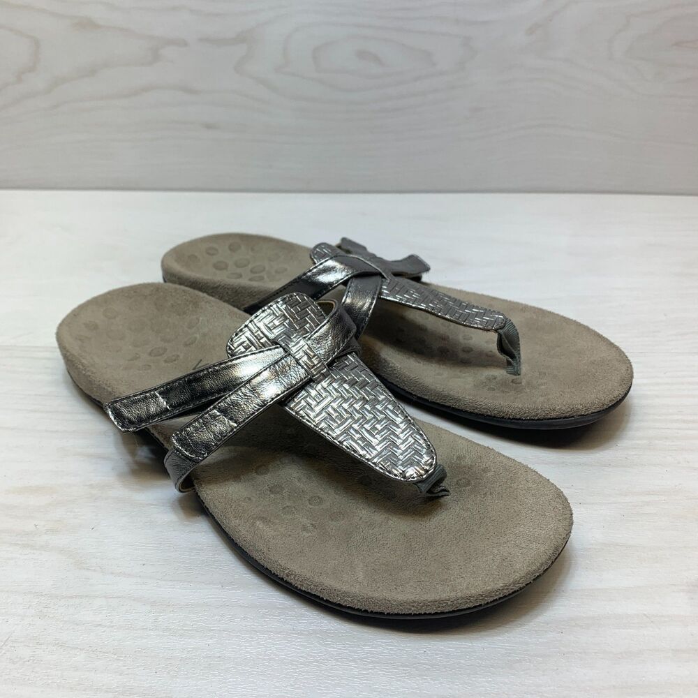 Vionic Karley Slides Sandals Women's Size 9 Metallic Silver T-Strap Comfort